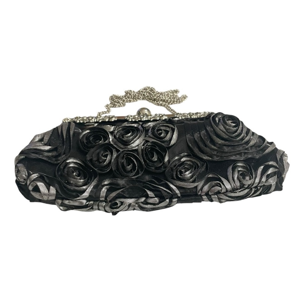 ICING Black Rose Floral Evening Bag Silver chain, Rhinestone Purse Clutch - Picture 4 of 12